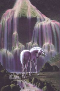 a unicorn by a waterfall